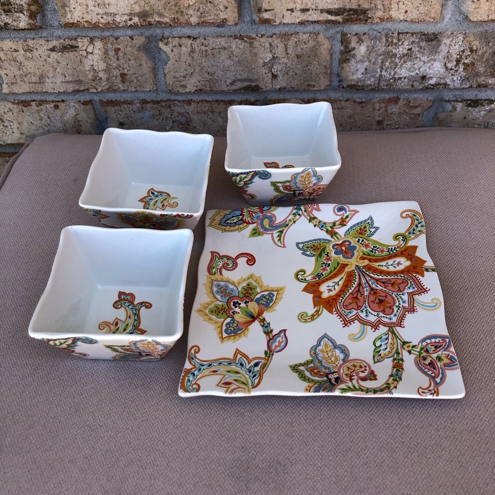 222 Fifth Indochine Paisley Ceramic Set Of 1 Snack Plate & 3 Dipping Bowls - Picture 3 of 16
